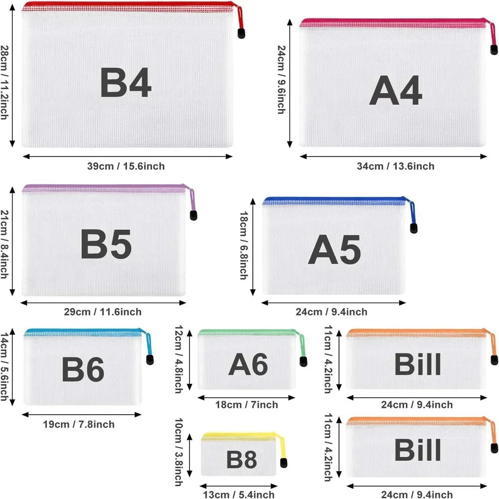 10PCS Mesh Zipper Pouch Set – Waterproof Plastic Document Bags for Travel, Office & Home Organization