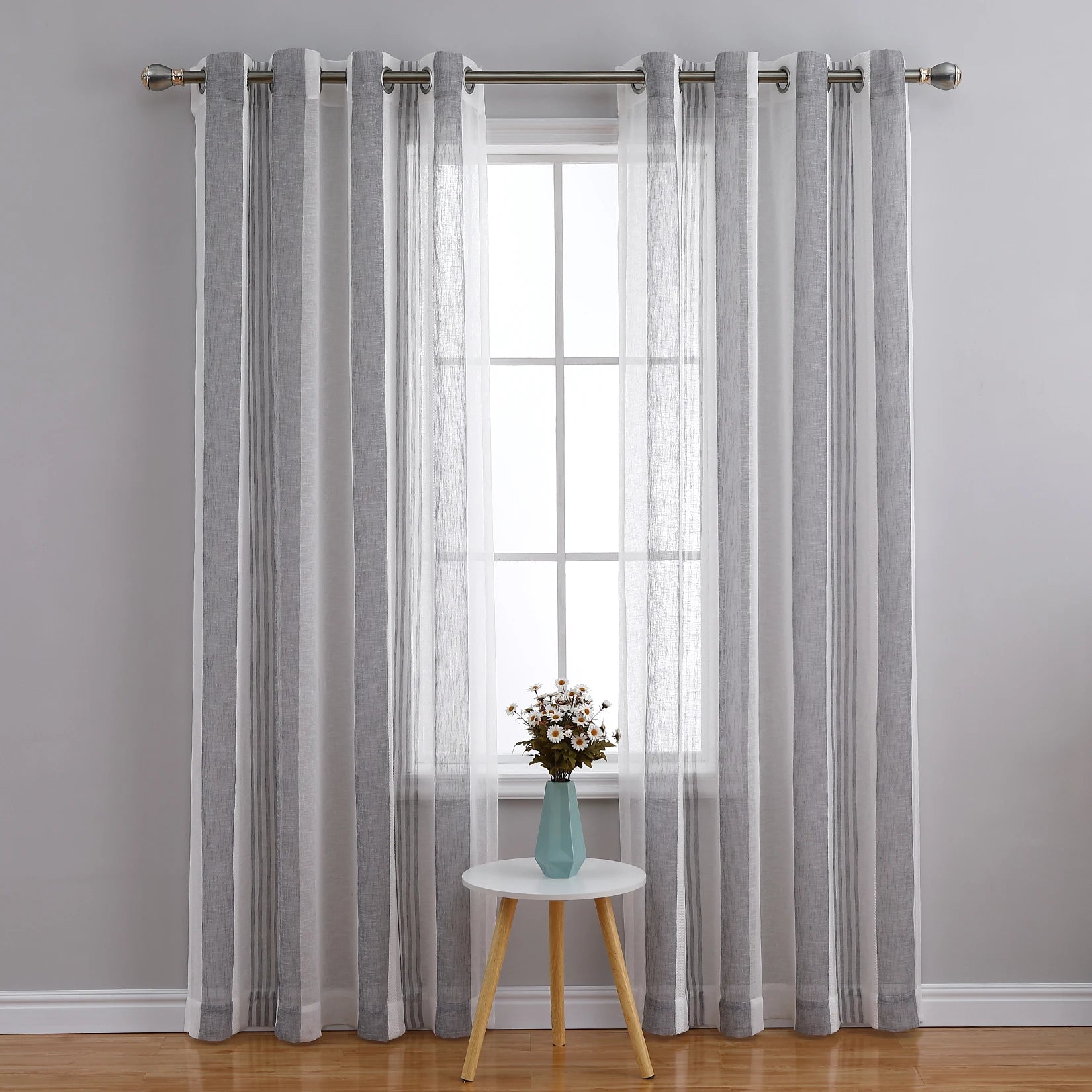 Sheer Voile Stripe Faux Linen Curtains – Grommet Top, 63 in Length, 2 Panel Set for Living Room/Bedroom/Bathroom