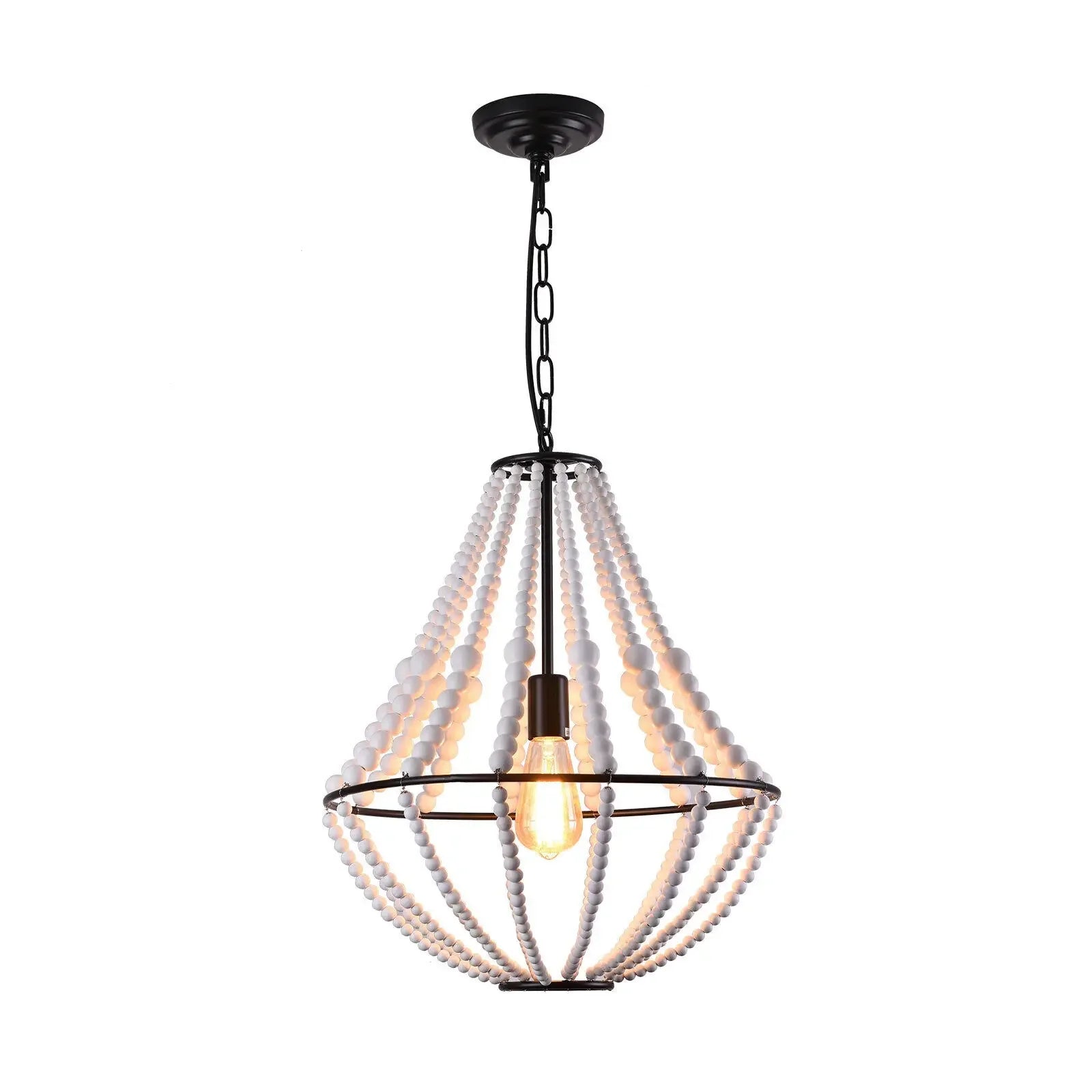Farmhouse Wood Beaded Chandelier – Modern 1-Light Boho Pendant Light Fixture for Home Décor (E26 Socket)