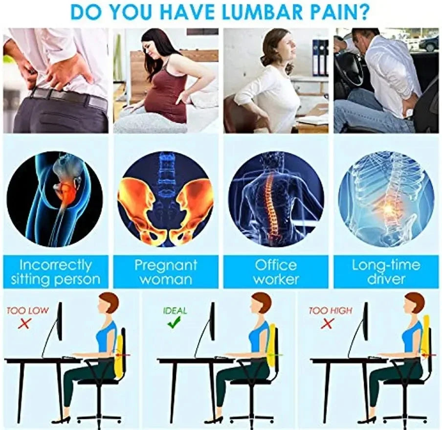 Memory Foam Lumbar Support Pillow – Ergonomic Back Cushion for Office, Home & Car, Relieves Back Pain and Improves Posture