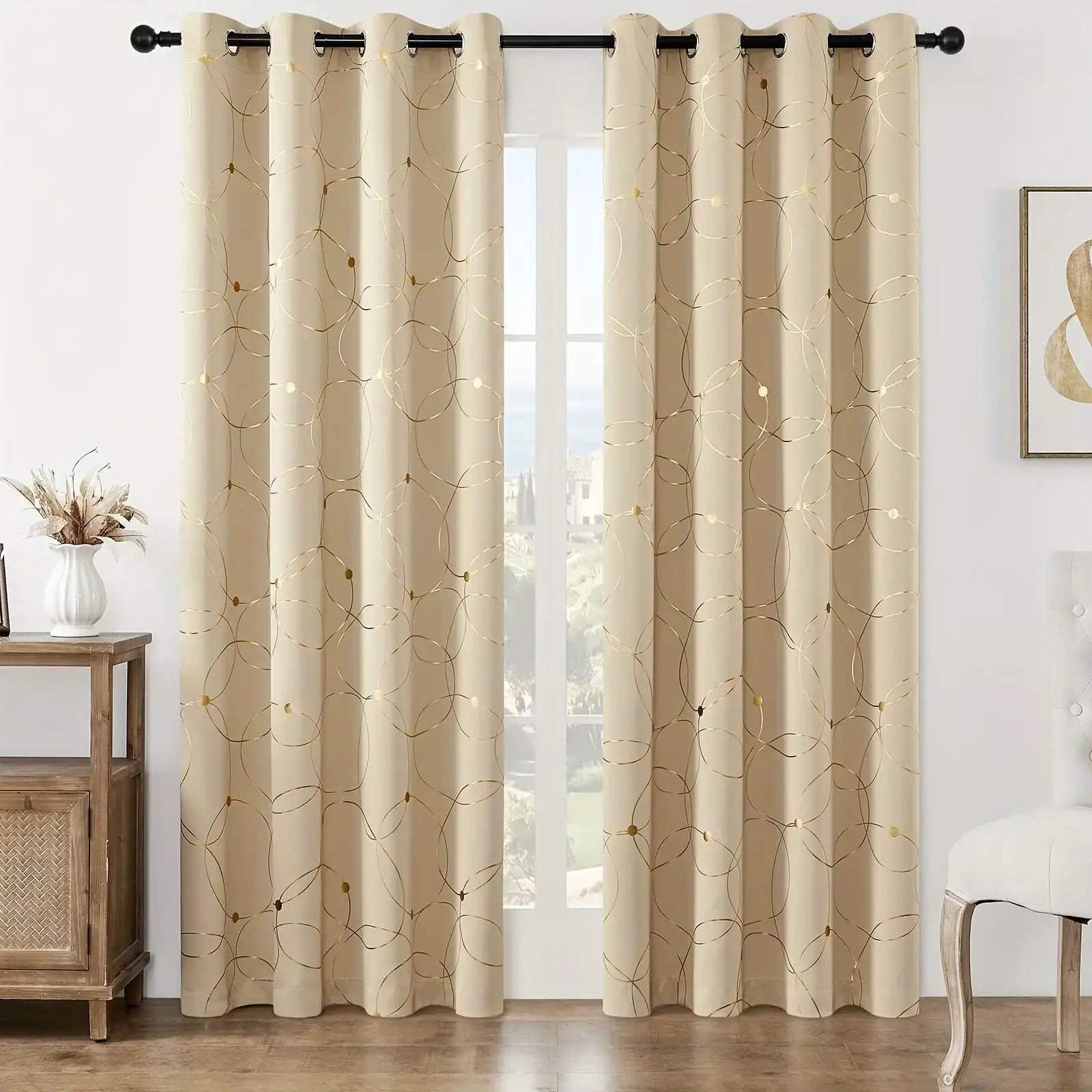 “2-Piece Golden Wave Blackout Curtains – Thermal Insulated Light-Filtering Drapes with Grommet Top for Living Room & Bedroom”