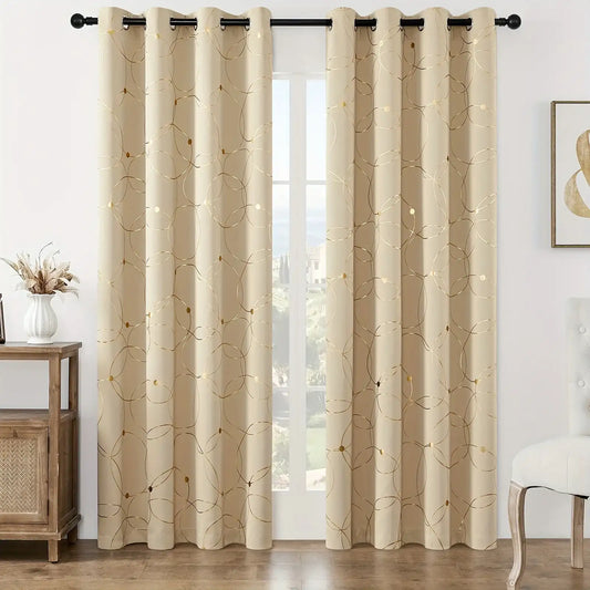 “2-Piece Golden Wave Blackout Curtains – Thermal Insulated Light-Filtering Drapes with Grommet Top for Living Room & Bedroom”