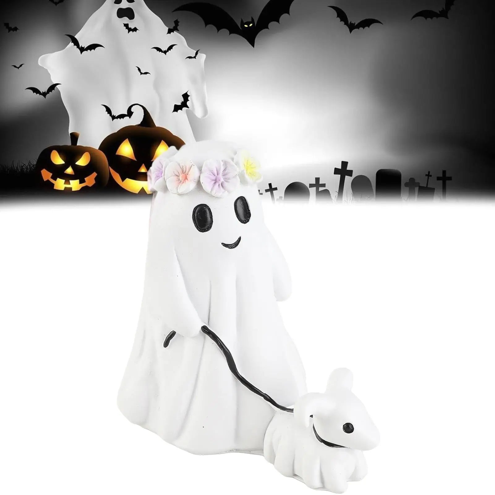 Spooky Cute Ghost Walking Dog Resin Ornament – Adorable Halloween Tabletop Decoration for Indoor & Outdoor Use | 15cm Figurine