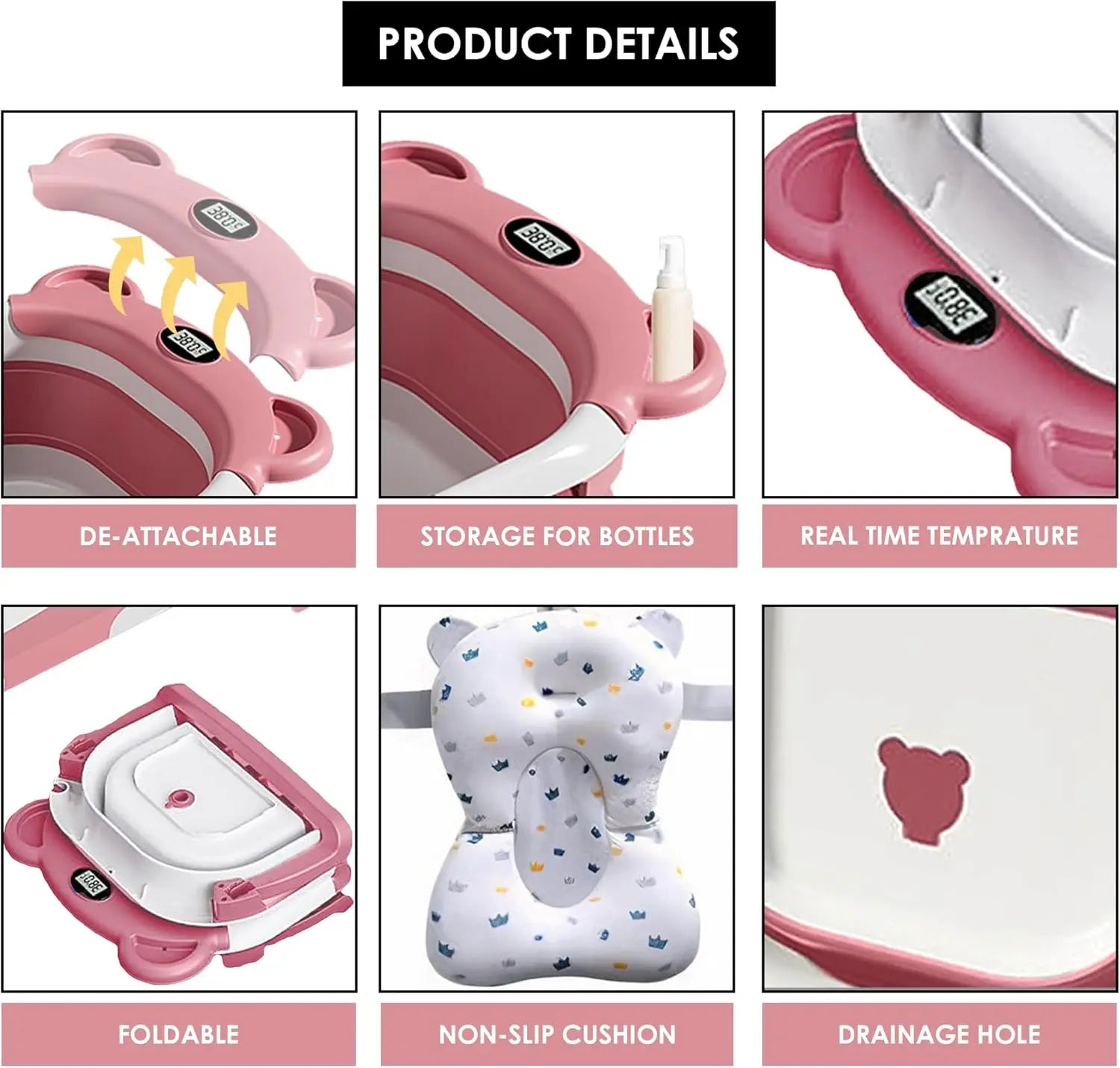 “Baby Bathtub for Newborns – Foldable Toddler Bathtub with Drain Hole, Soft Padding & Portable Travel Design”