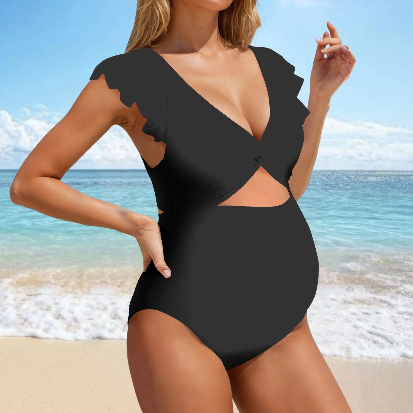Women’s Maternity One-Piece Swimsuit – Solid Color Pregnancy Bathing Suit with Ruffled Edges, Comfortable Swimwear