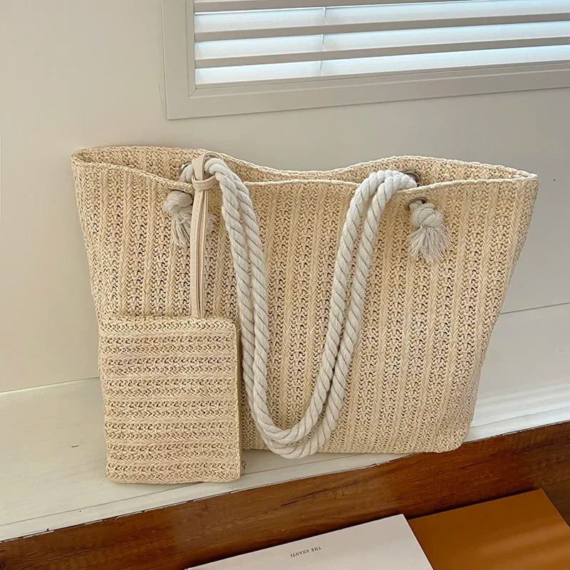 Designer women’s straw tote bag – large-capacity summer beach handbag, casual woven Bali-style purse for vacation, shopping & daily use