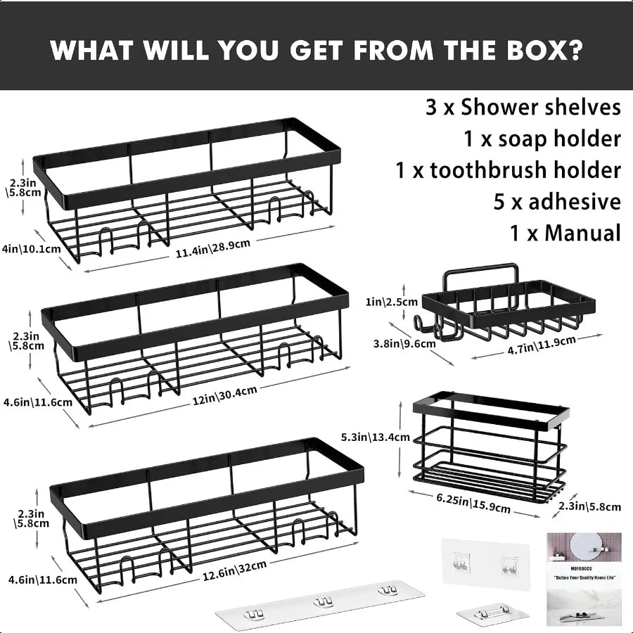 Adhesive No-Drill 5-Pack Corner Shower Caddy Set – Rustproof Stainless Wall-Mounted Organizer Shelves