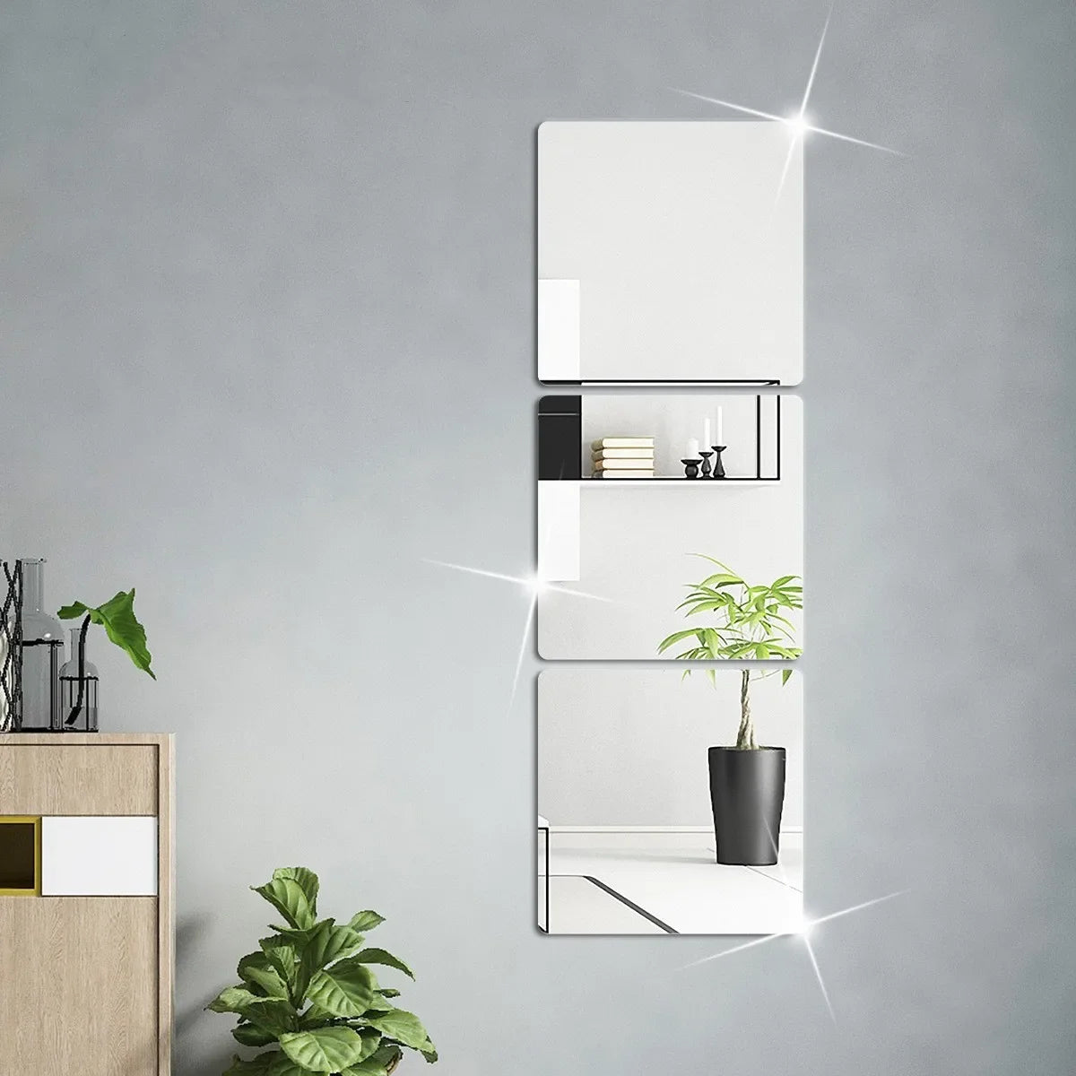 4 Pcs 3D Self-Adhesive Mirror Wall Stickers – Flexible Acrylic DIY Mirror Panels for Modern Living Room Décor (20–30 cm, 2 mm Thick)