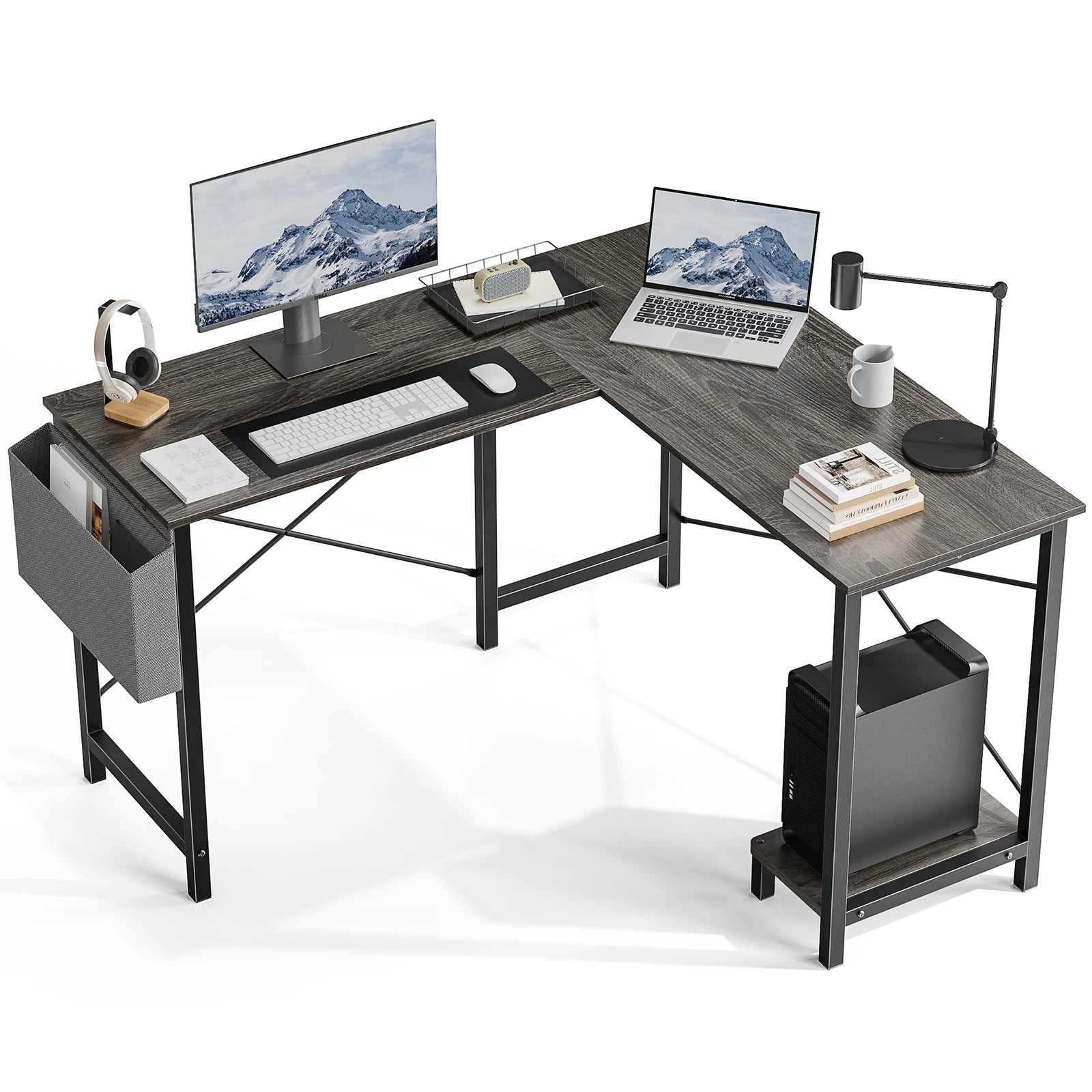 JHK 50-Inch Gaming Corner Desk – Wooden PC Table with CPU Storage Shelf & Side Bag for Home Office & Small Spaces