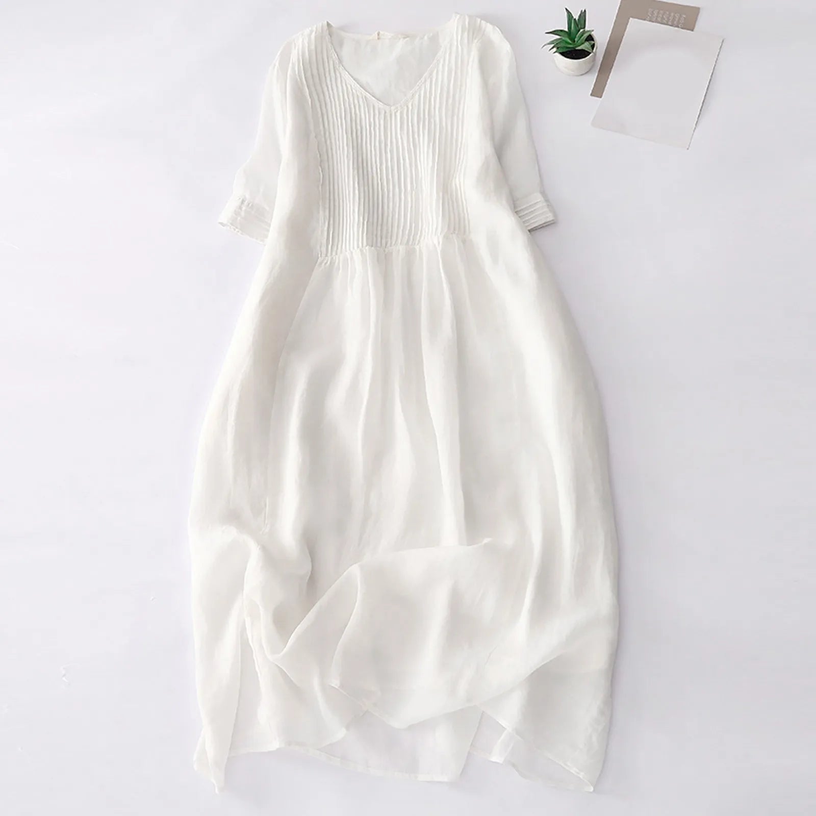 Women’s Solid Cotton Linen Maxi Dress – A-Line V-Neck Pleated Summer Sundress with Pockets & Short Sleeves