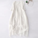 Women’s Solid Cotton Linen Maxi Dress – A-Line V-Neck Pleated Summer Sundress with Pockets & Short Sleeves