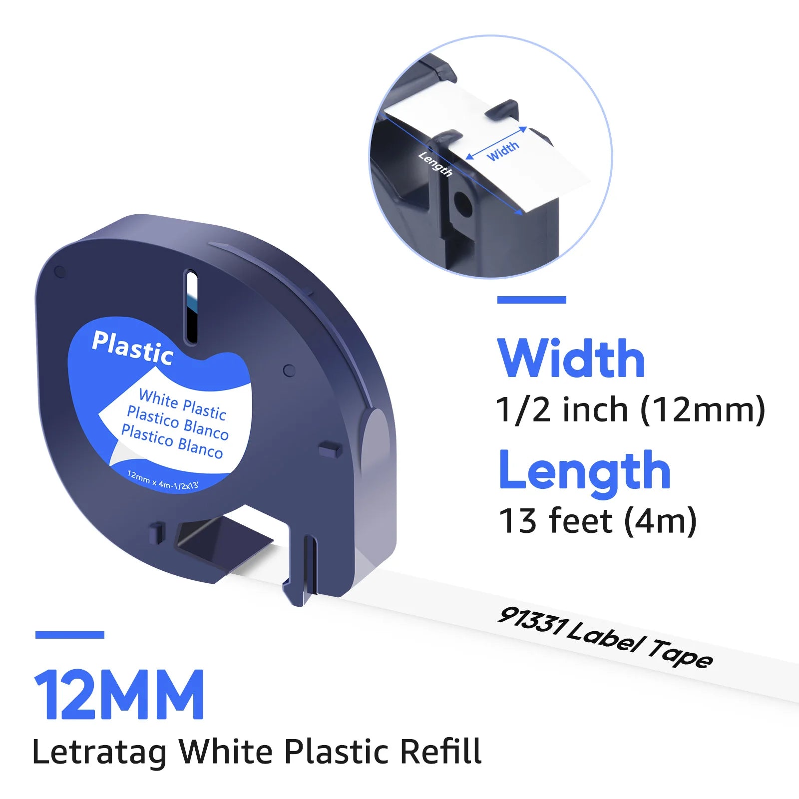 20‑Pack Black-on-White Plastic Label Tape (12 mm) – Compatible with Dymo LetraTag LT‑100H, LT‑100T, P15, Q30 & More