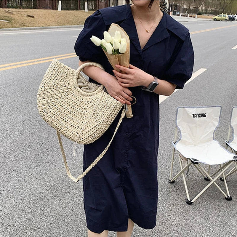Handmade Straw Woven Bucket Tote for Women – Summer Seaside Beach Handbag with Handle, Travel & Shopping Basket Bag