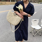Handmade Straw Woven Bucket Tote for Women – Summer Seaside Beach Handbag with Handle, Travel & Shopping Basket Bag