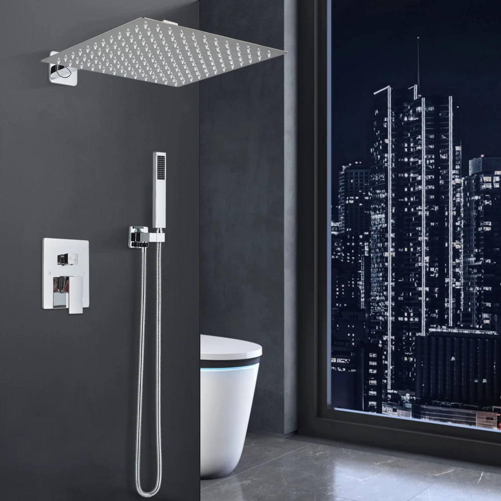 Chrome Shower Faucet Set – 2/3-Way Rainfall System with Brass Mixer & Diverter (8–16" Head, Wall-Mounted, Embedded Box Control)