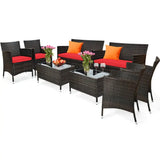 “8-Piece Patio Rattan Conversation Set – Outdoor Wicker Sofa, Chairs & Table with Red Cushions”