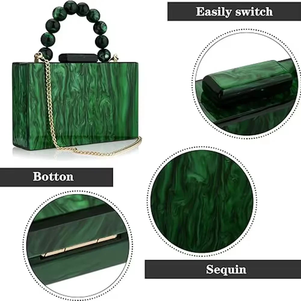 Pearl Marble Dark Green Acrylic Evening Crossbody Bag – Luxury Flap Purse for Weddings, Parties & Chic Beach Events