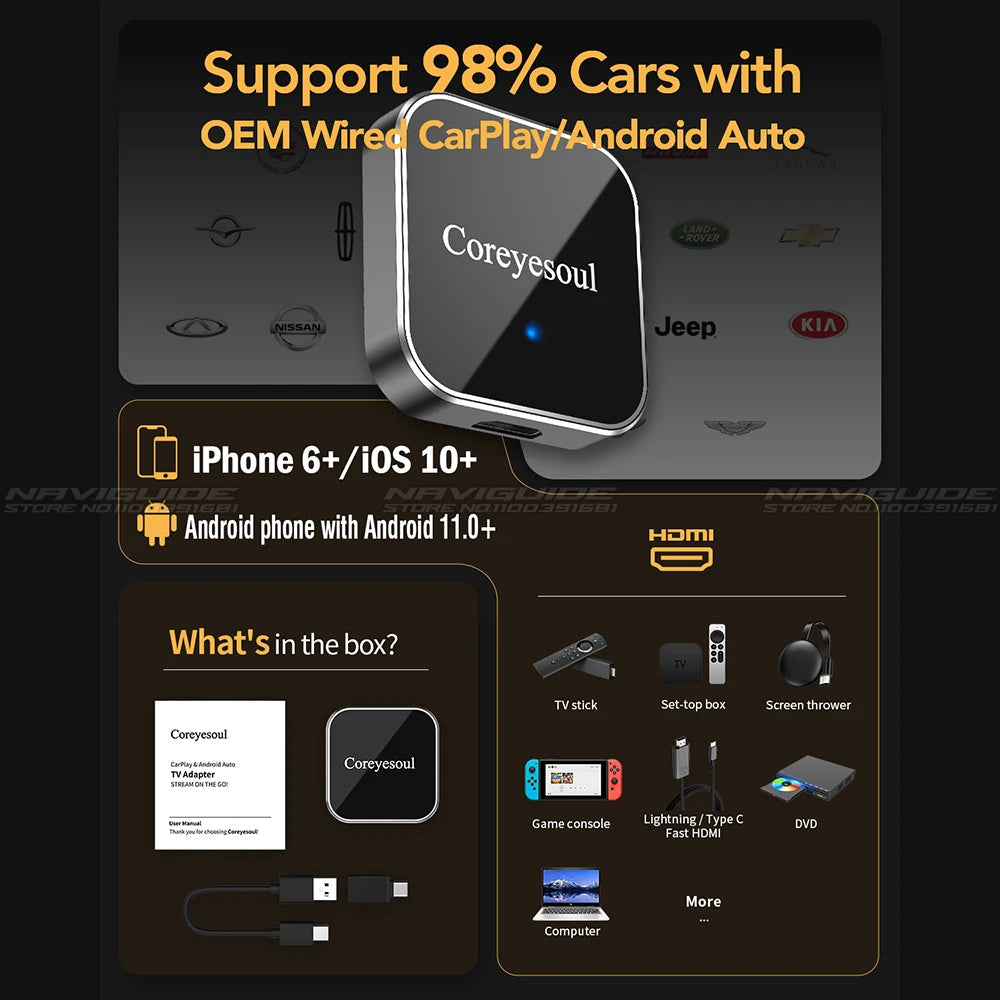 NaviGuide Car TV Mate Pro – 3-in-1 Wireless CarPlay & Android Auto Multimedia HDMI Converter (Supports Fire/Google TV Stick & Game Box, 2K HD)