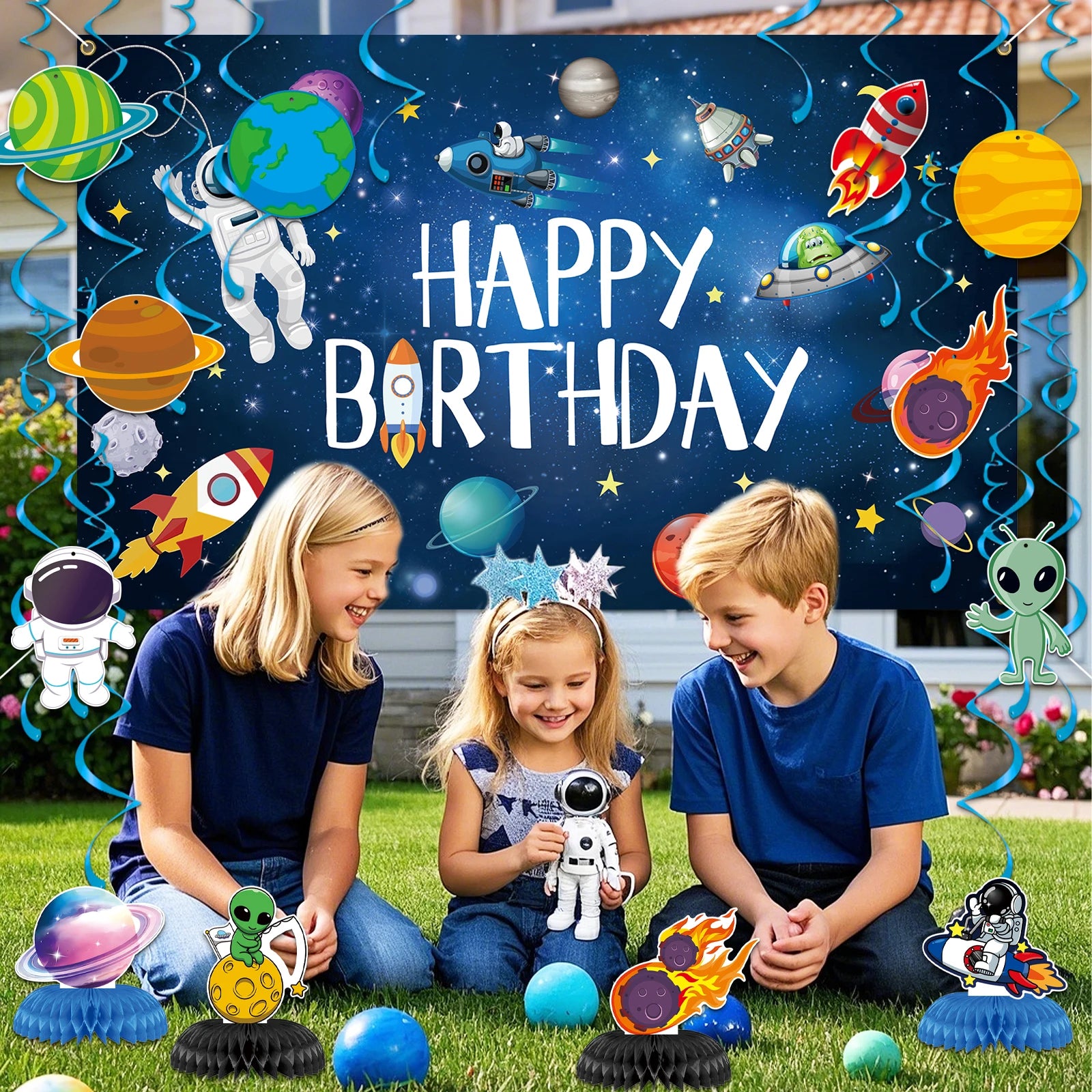 Galactic Glow “Happy Birthday” Space-Themed Banner & Honeycomb Centerpiece Kit