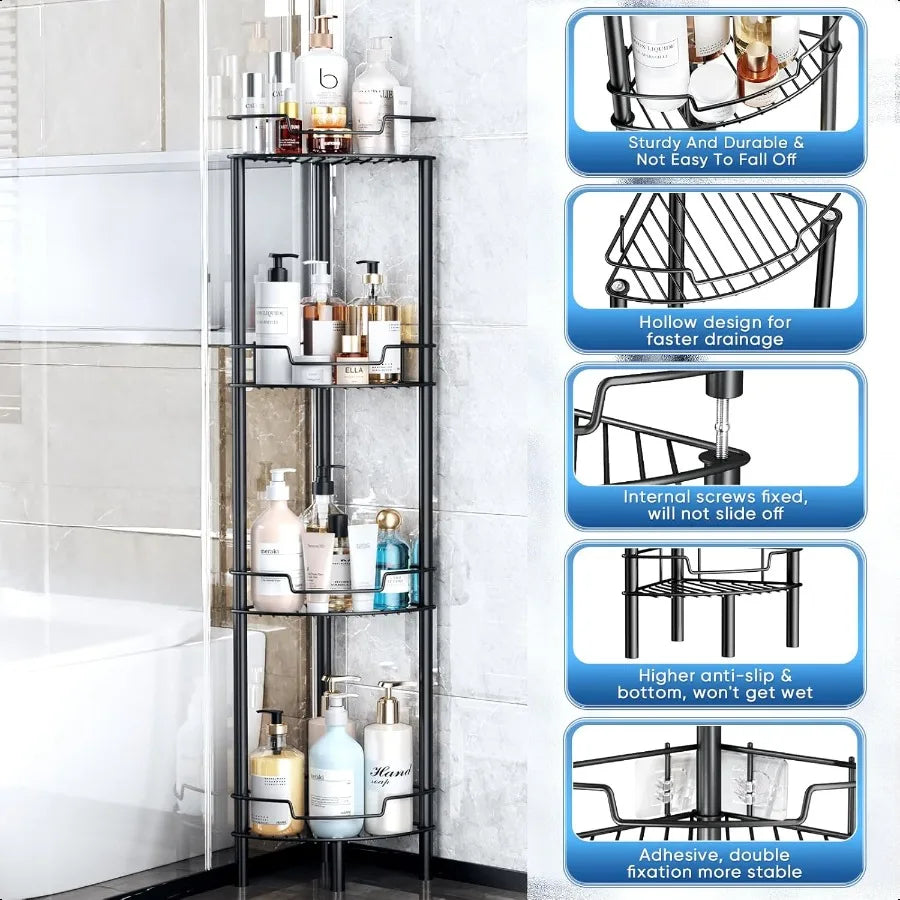 4-Tier Stainless Steel Corner Shower Caddy with Shelves – Floor-Standing Bathroom Storage Rack