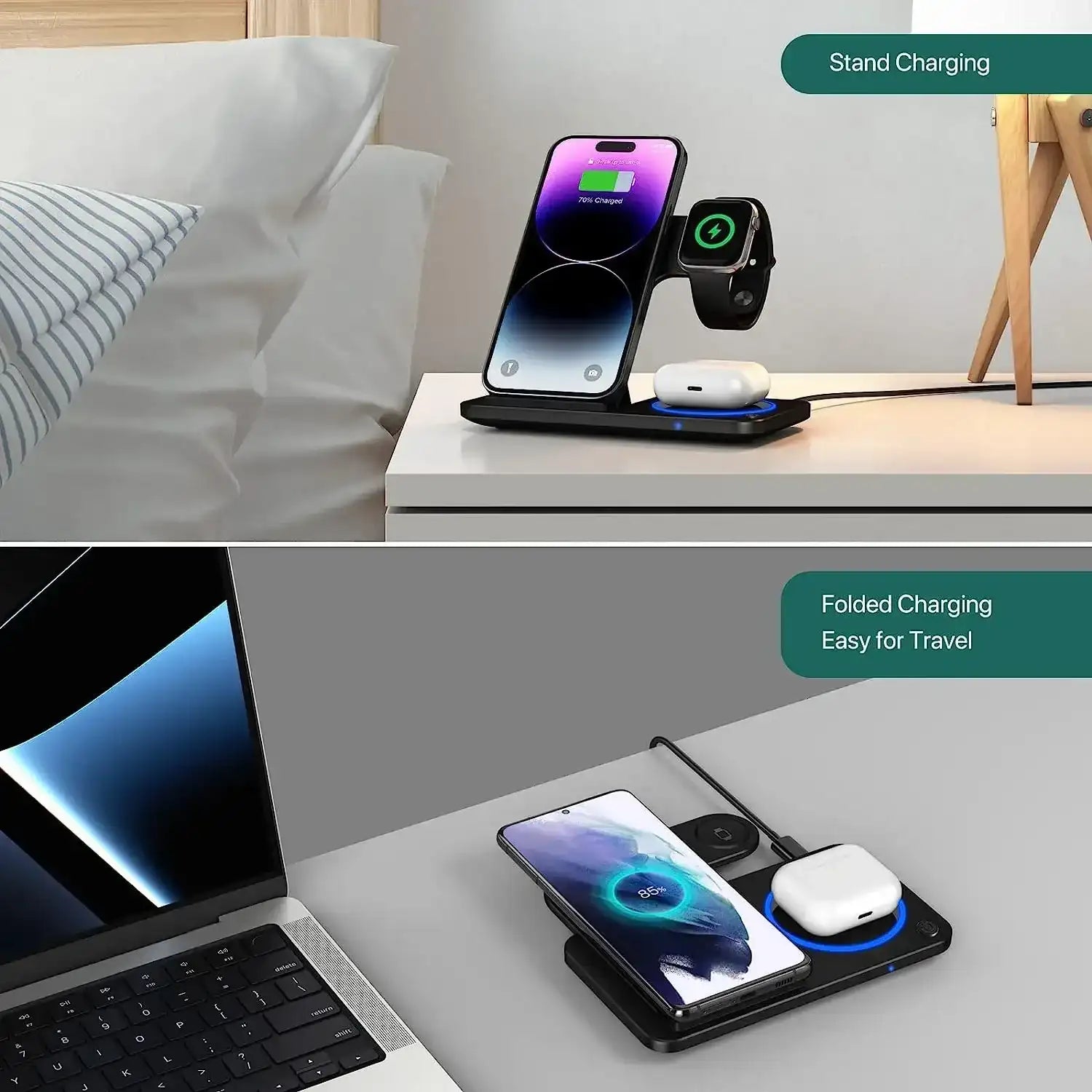 30W LED Fast Wireless Charger Stand – 3-in-1 Foldable Charging Station for iPhone 15/14/13/12, Apple Watch & AirPods Pro