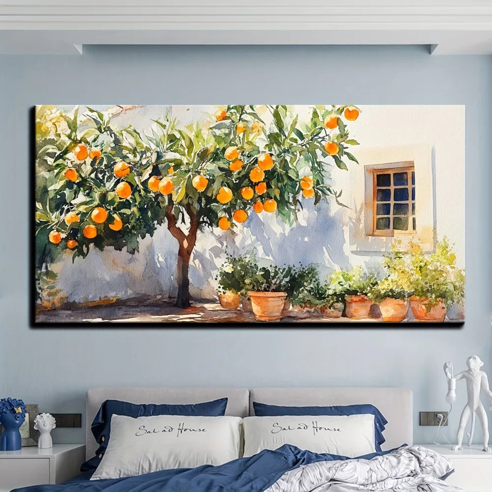 Vintage Orange Tree & Door Wall Art – Rustic Cottage Still Life Painting on Solid Pine Wood Frame