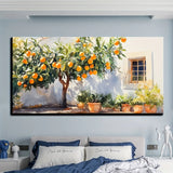 Vintage Orange Tree & Door Wall Art – Rustic Cottage Still Life Painting on Solid Pine Wood Frame