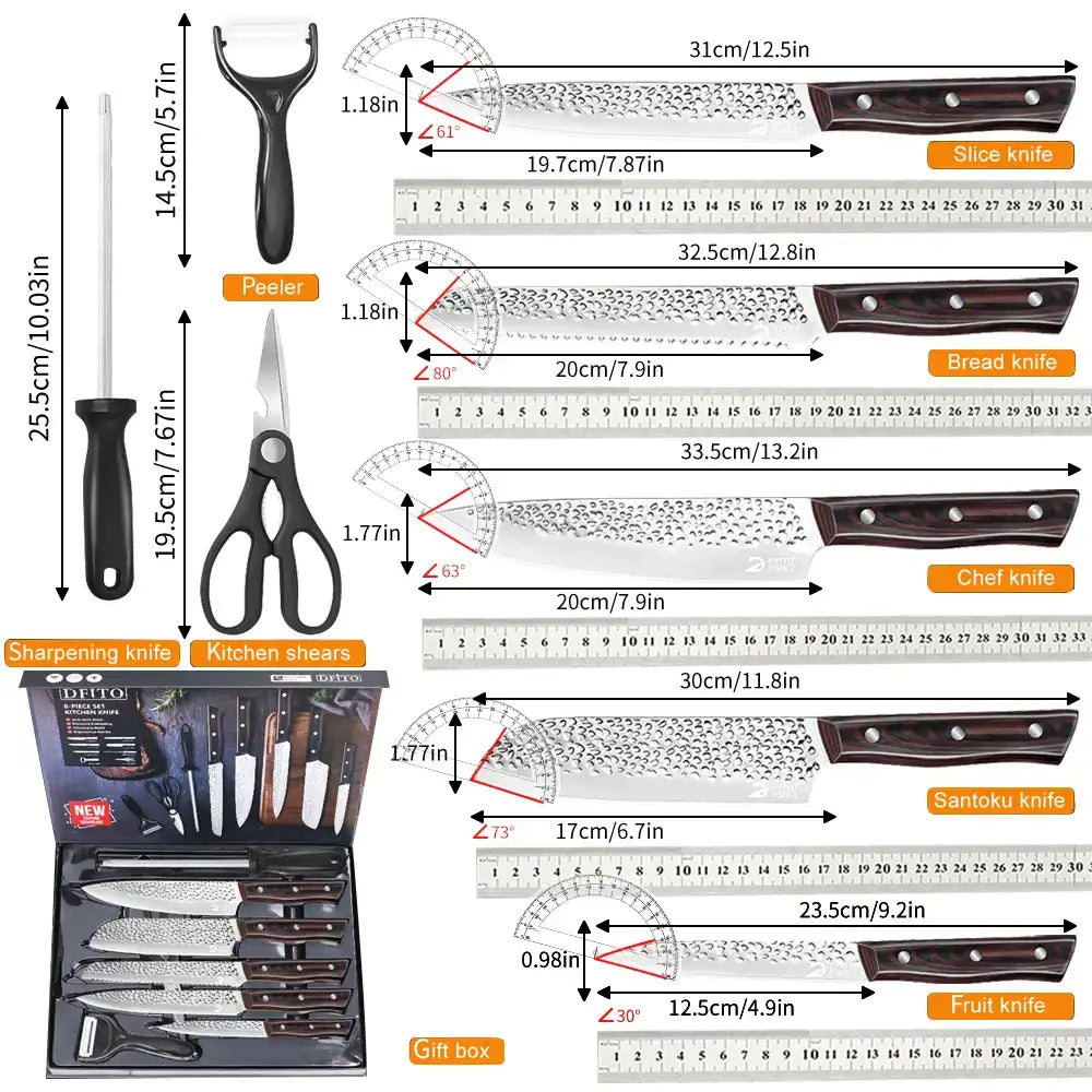 8-Piece Hammer-Pattern Chef & Santoku Knife Set – Premium Kitchen Cutting Blades