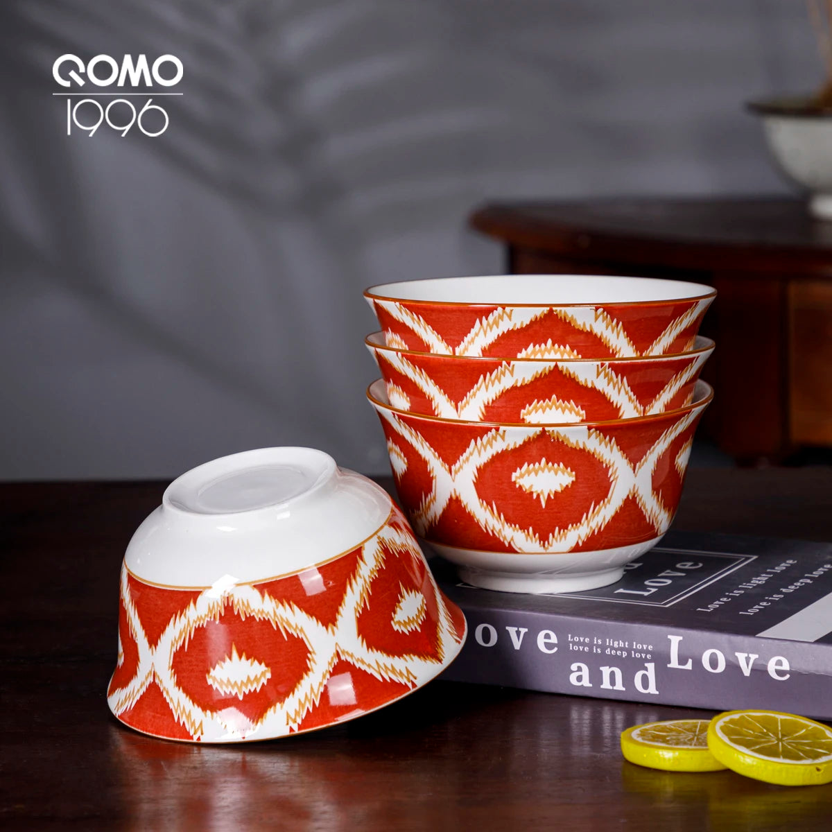 12-Piece Porcelain Dinnerware Set – “Red Flame” Pattern Ceramics Tableware with Bowls, Soup Plates & Fruit Plates