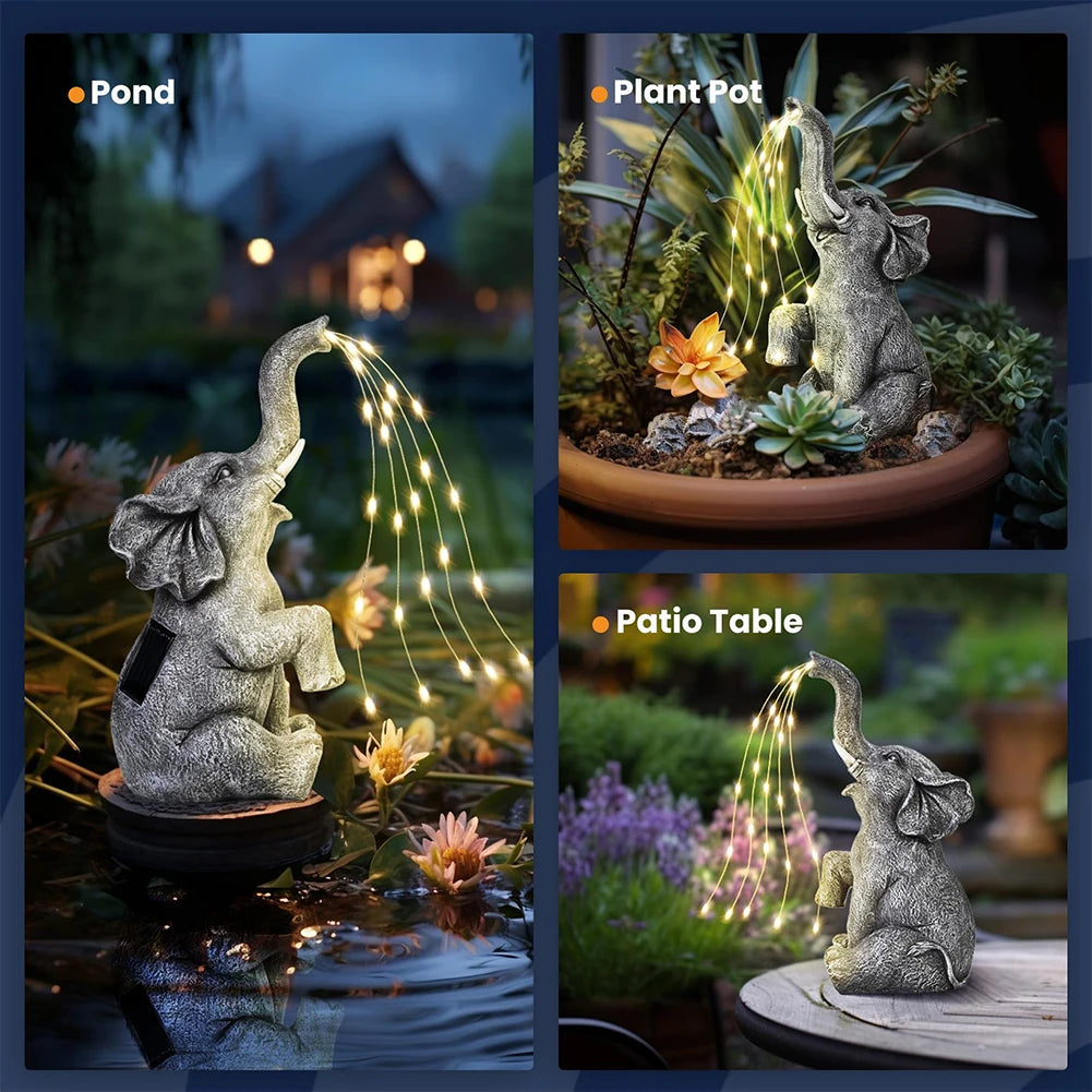 Solar Elephant Garden Ornament with LED String Lights – Outdoor Resin Elephant Sculpture for Yard, Patio & Pathway Décor
