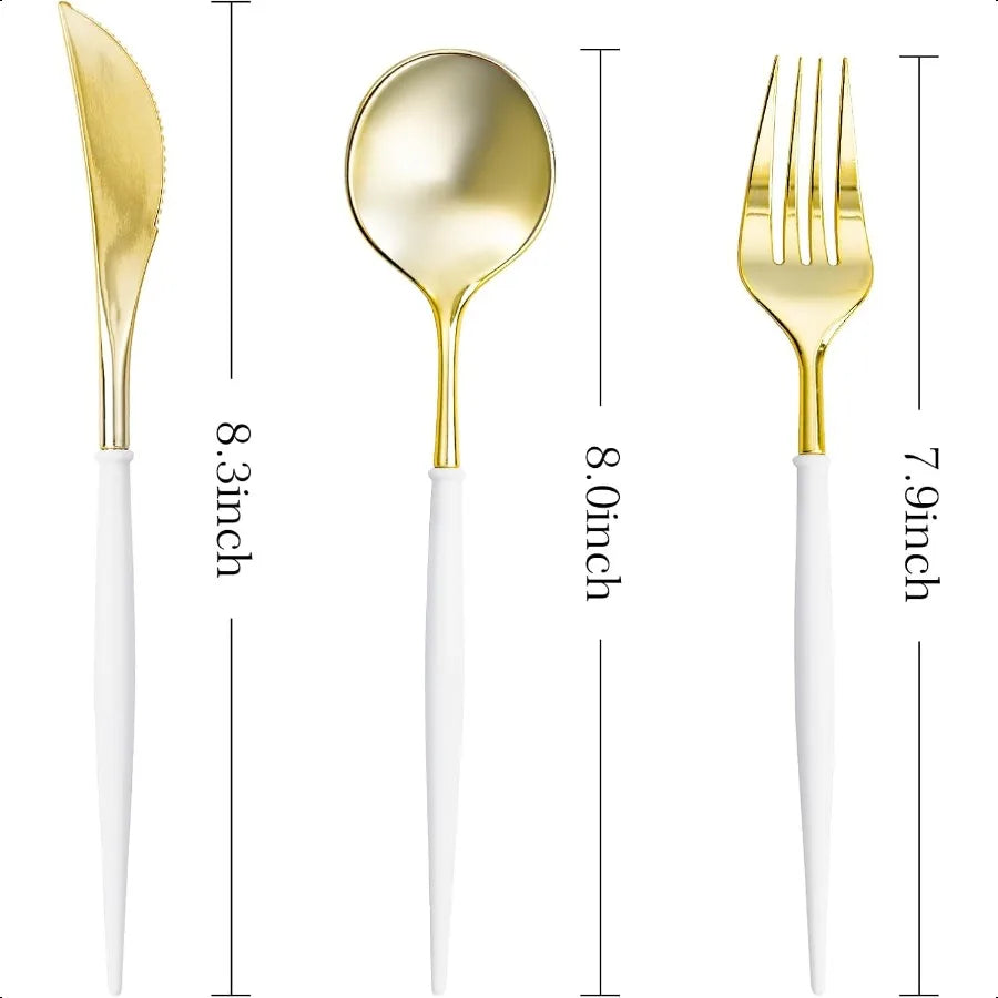 90-Piece Gold Plastic Cutlery Set with White Handle – Heavy-Duty Disposable Flatware for Parties & Events