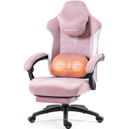 Dowinx Gaming Chair – Heated Massage Lumbar Support, Breathable Fabric Office Chair with Pocket Spring Cushion & Retractable Footrest