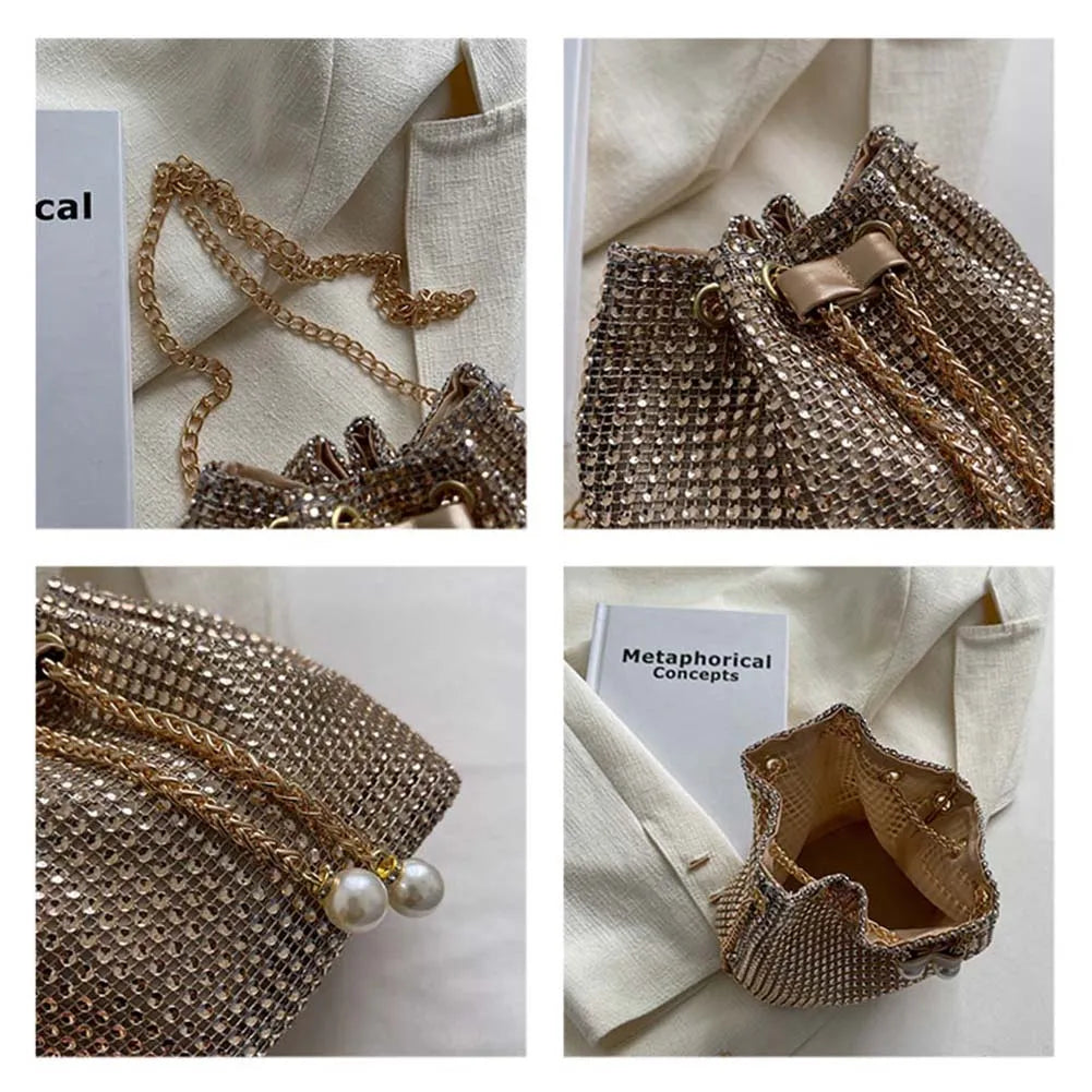 Women’s Luxury Rhinestone Bucket Bag – Glittering Drawstring Shoulder & Crossbody Satchel, Solid Color Fashion Dating Purse