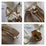 Women’s Luxury Rhinestone Bucket Bag – Glittering Drawstring Shoulder & Crossbody Satchel, Solid Color Fashion Dating Purse
