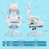 Cute Gaming Chair with Cushion & Decorated Ears – Ergonomic Reclining Computer Chair for Girls, Teens & Kids, Blue/Pink