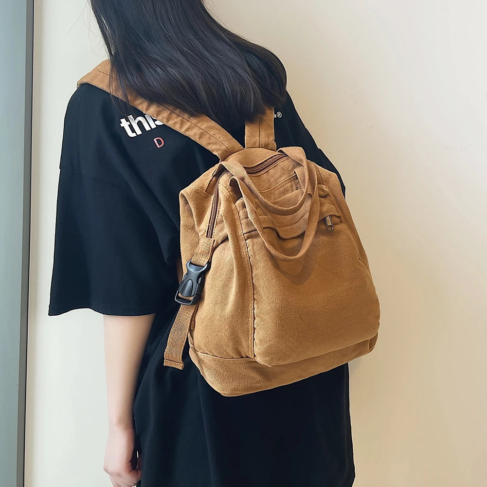 Simple Canvas College Schoolbag – Vintage Solid-Color Backpack for Students & Women | Large-Capacity 2024 Casual Bookbag