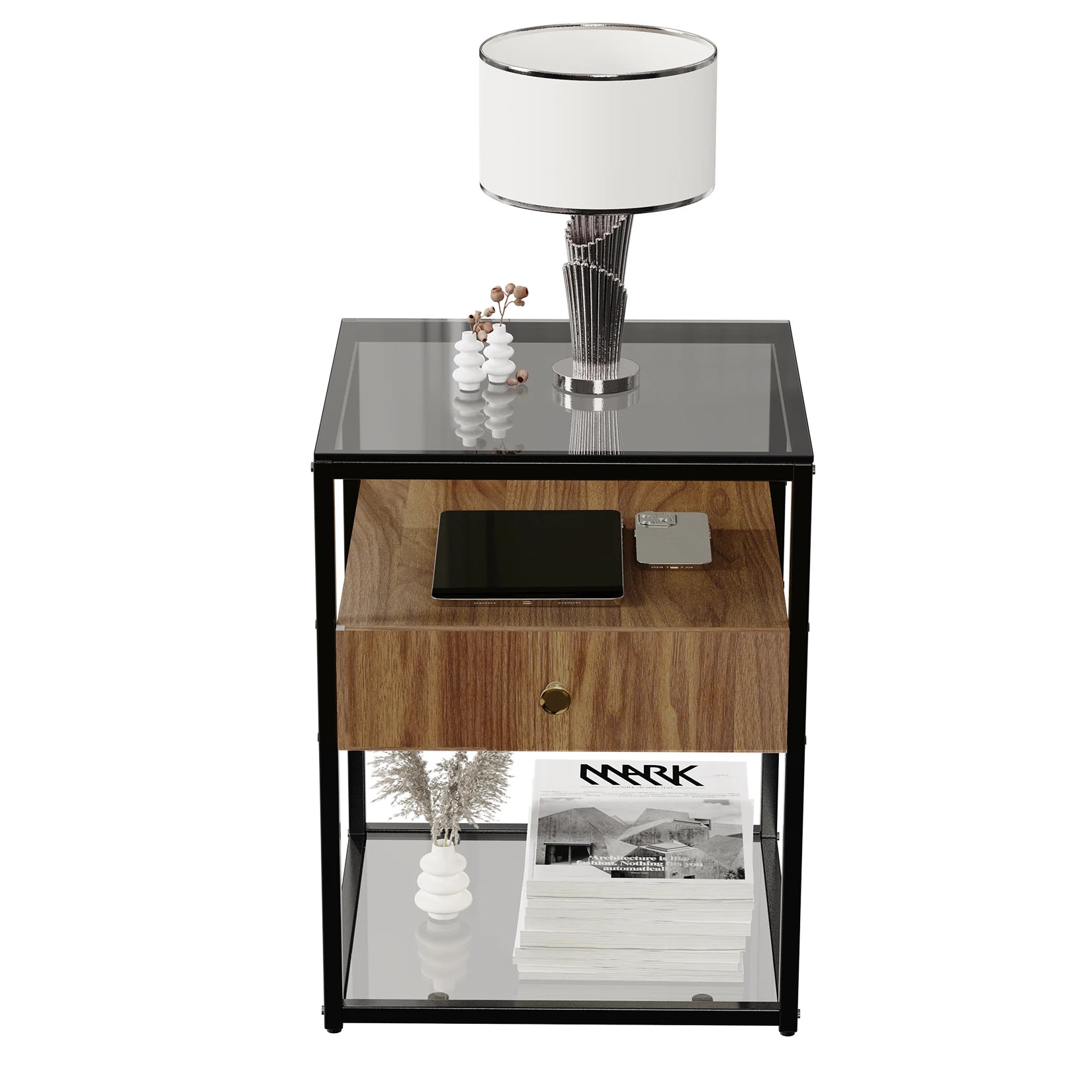 Tempered Glass Side Table – Modern Nightstand with Drawer & Shelf, Stable Steel Frame for Living Room 🛋️✨