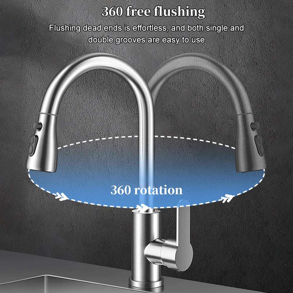 Premium 304 Stainless Steel Pull-Out Kitchen Faucet – Deck-Mounted Mixer Tap with Stream/Sprayer Head (Hot & Cold)