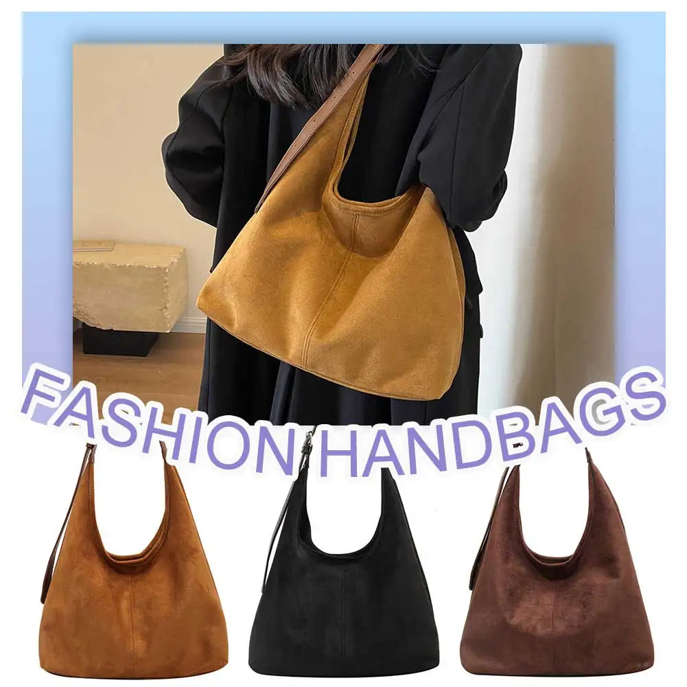 Women’s Suede Shoulder Crossbody Bag – Large-Capacity Vintage Tote Satchel with Adjustable Strap, Solid Color Casual Purse