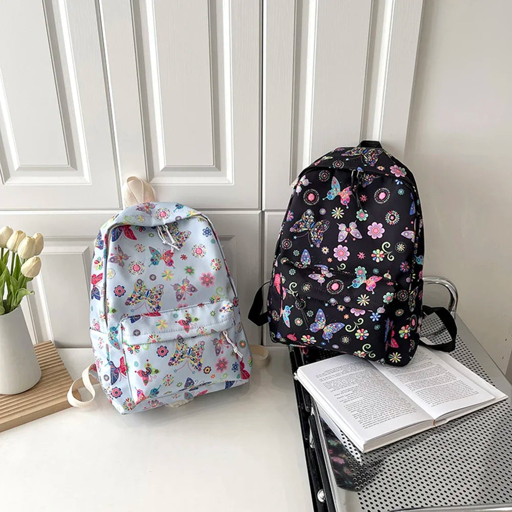 Butterfly Print Nylon School Backpack – Large Capacity Floral Student Book Bag for Daily & Outdoor Use