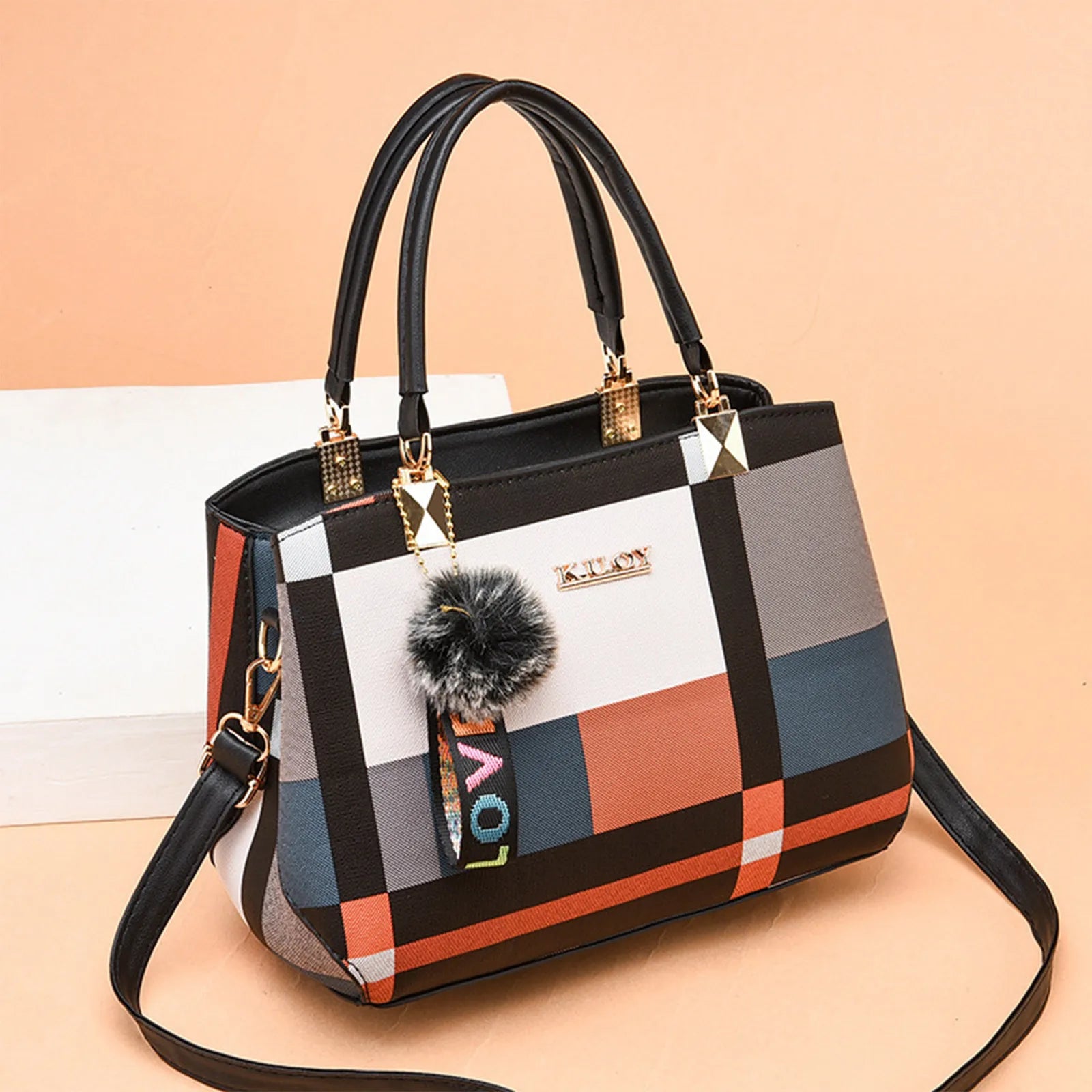 Elegant designer women’s handbag – PU leather crossbody messenger bag with top-handle tote design & fluffy keychain accessory