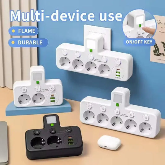 EU Plug 4-Socket Wall Power Multi-Plug – Compact Wall Adapter with USB Ports & Type-C Fast Charging, No Extension Cable Needed