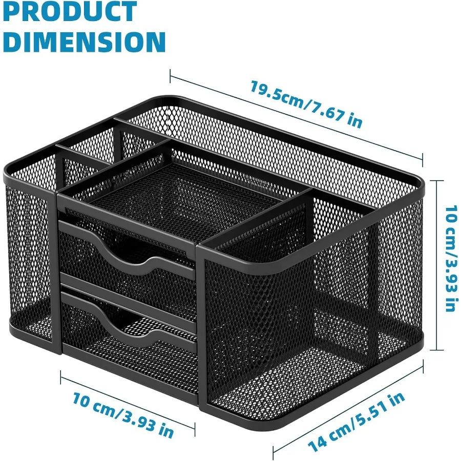 Mesh Desk Organizer with Two Drawers – 5 Compartments, Desktop Pen & Pencil Caddy
