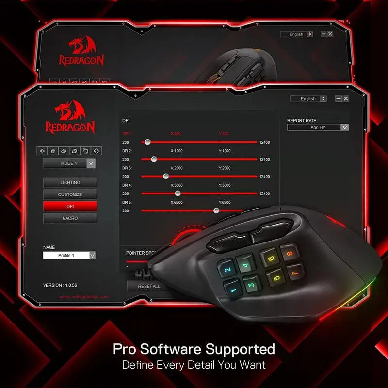 Redragon M811 Aatrox MMO Gaming Mouse – Wired RGB Optical Mouse with 15 Programmable Buttons & Ergonomic Natural Grip Design
