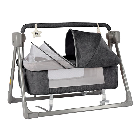 Elele Nova 3‑in‑1 Electric Cradle & Baby Swing Bed – Gray/Khaki Auto-Rocking Recliner Crib with Music, Remote & Soft Mattress