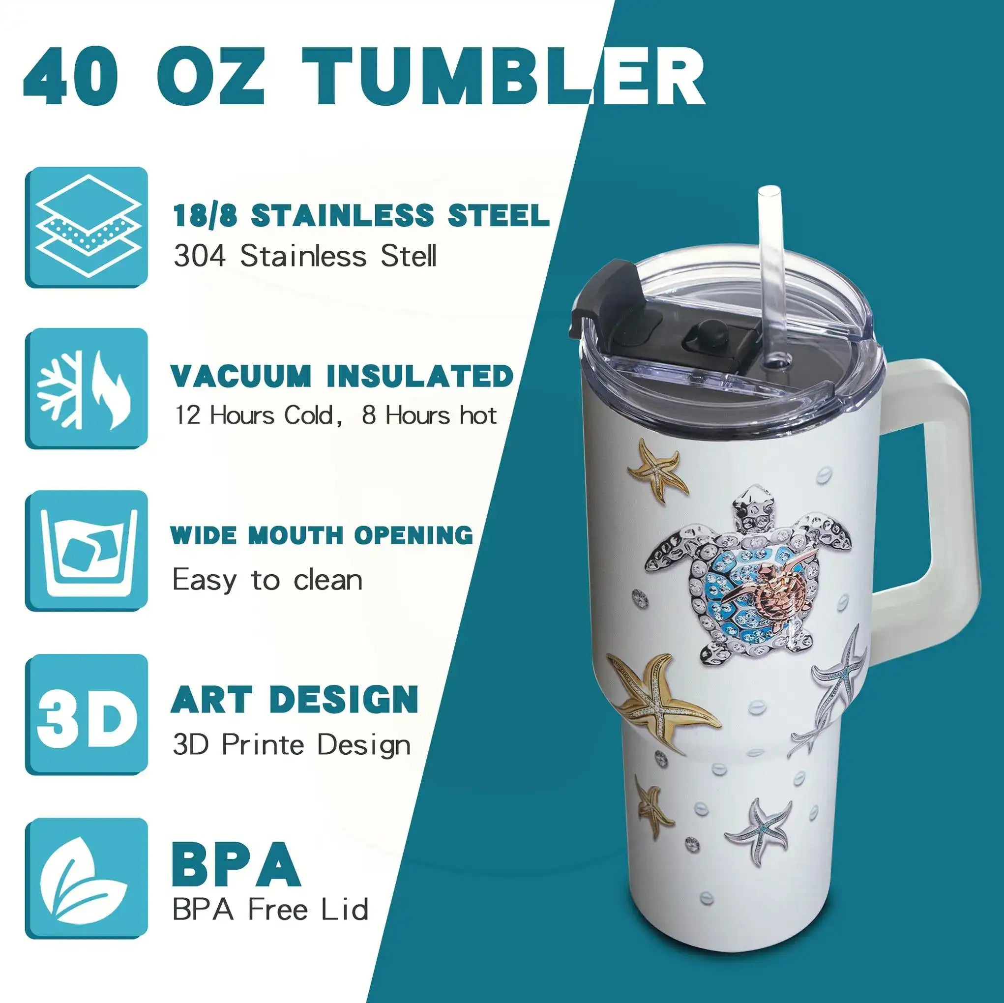 Sea Turtle 40 oz Stainless Steel Insulated Tumbler – Wide Mouth, Splash-Resistant Lid & Eco Friendly Gift for Her