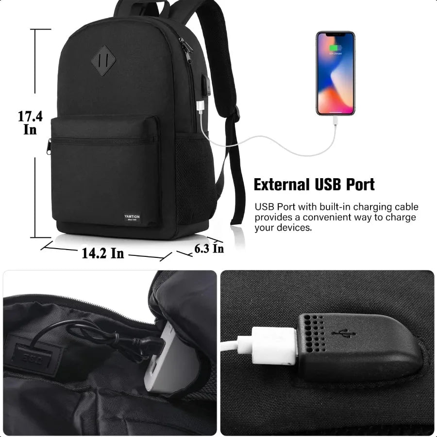 Unisex 15.6" School Laptop Backpack – USB Charging Bookbag for Teen Boys & Girls | Casual College Daypack for Men & Women