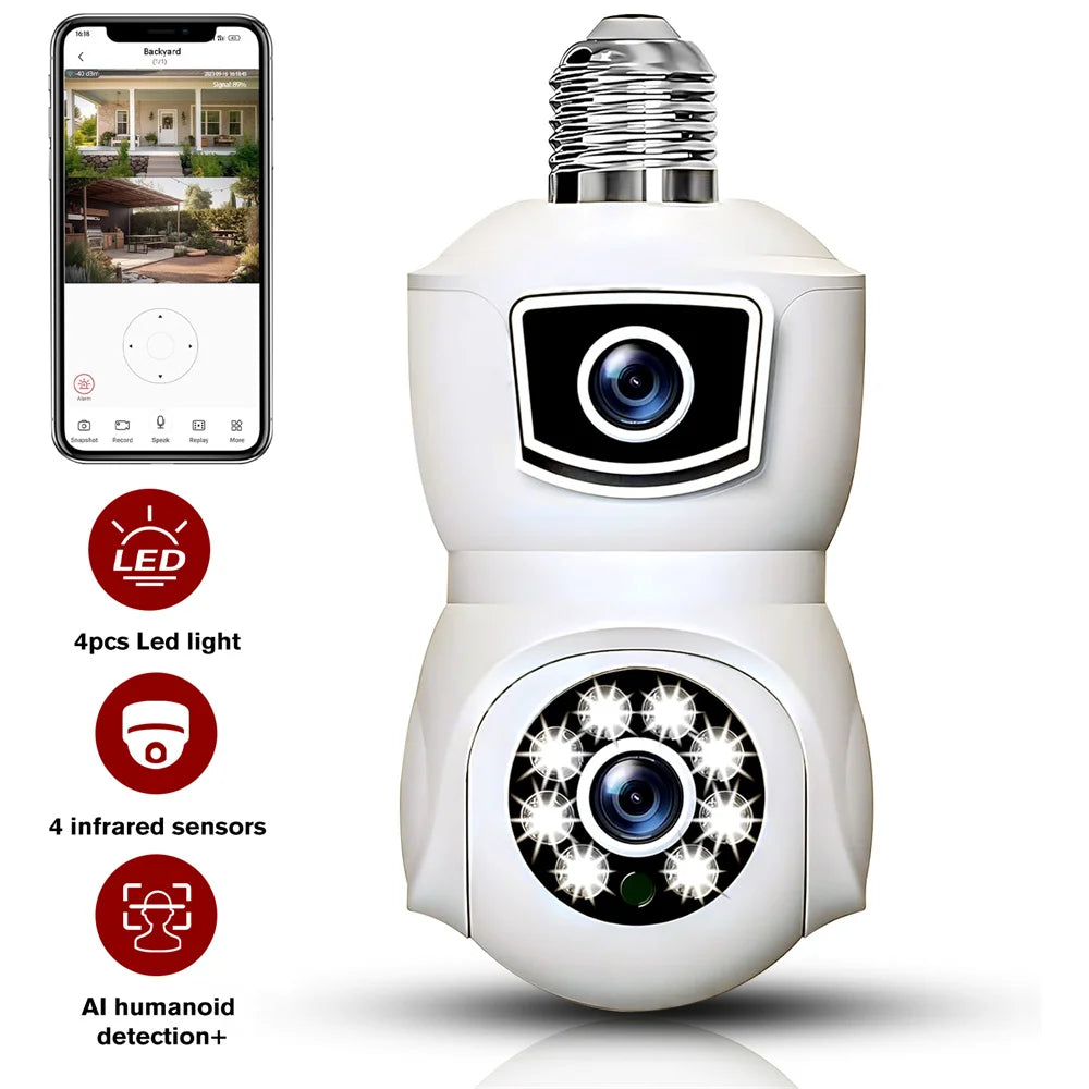 E9 Smart Bulb Dual-Lens 1080p WiFi Camera – Wireless Indoor Security Light with 4 LED Night Vision & Dome Socket Design