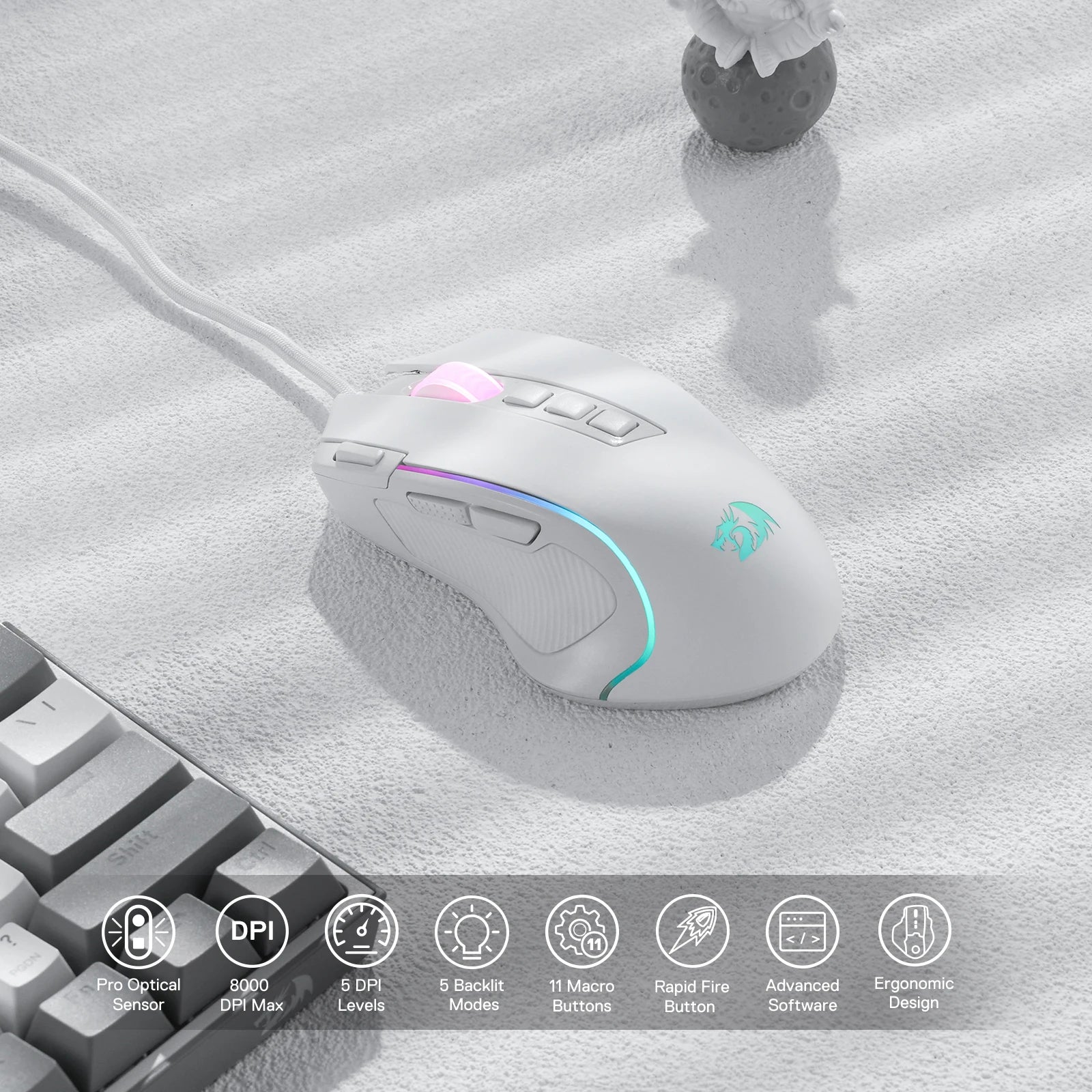 Redragon M612 Predator RGB Gaming Mouse – 8,000 DPI Wired Optical Mouse with 11 Programmable Buttons (White)