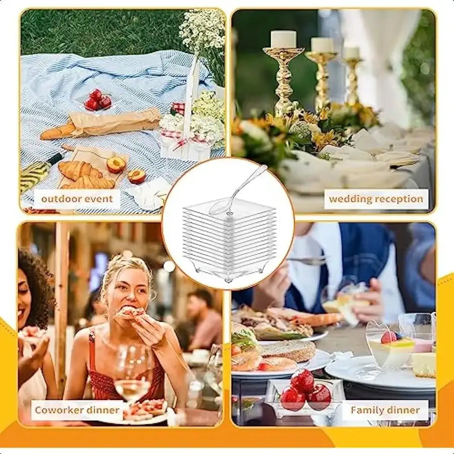 100 Set Mini Disposable Dessert Plates with Tasting Spoons – Clear Plastic Tray for Sauces, Dessert, Fruit & Appetizers
